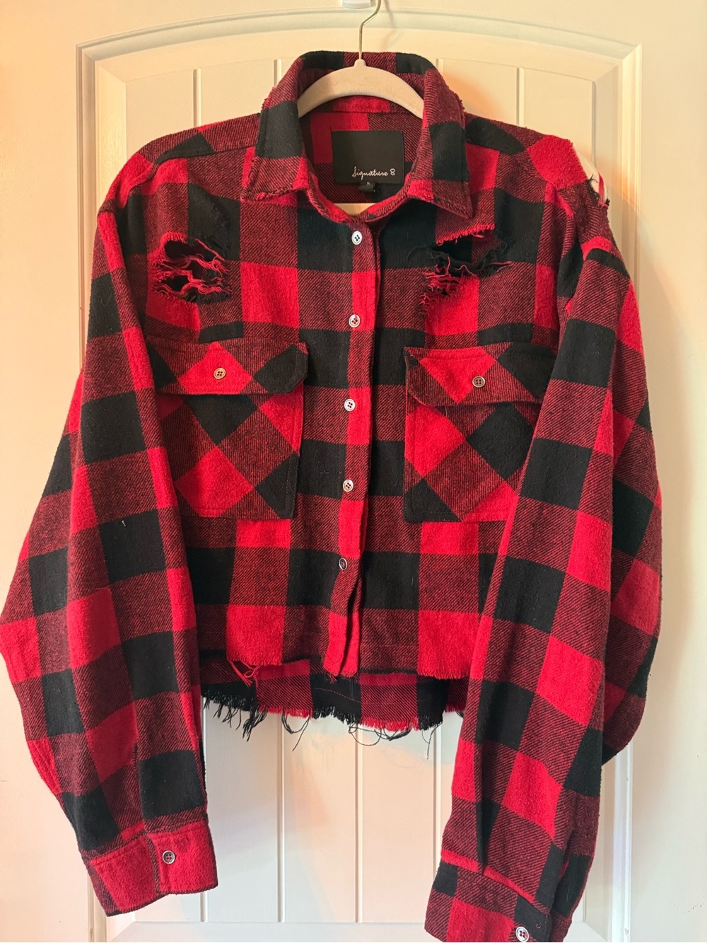 Signature 8 Red & Black Plaid Distressed Cropped Flannel Jacket